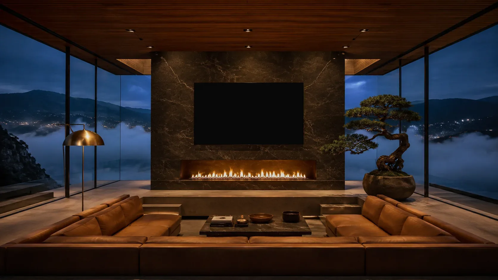 A dark modern living room at night: a lit fireplace, glass walls onto the garden, and a large flat screen mounted on the marble chimney breast.