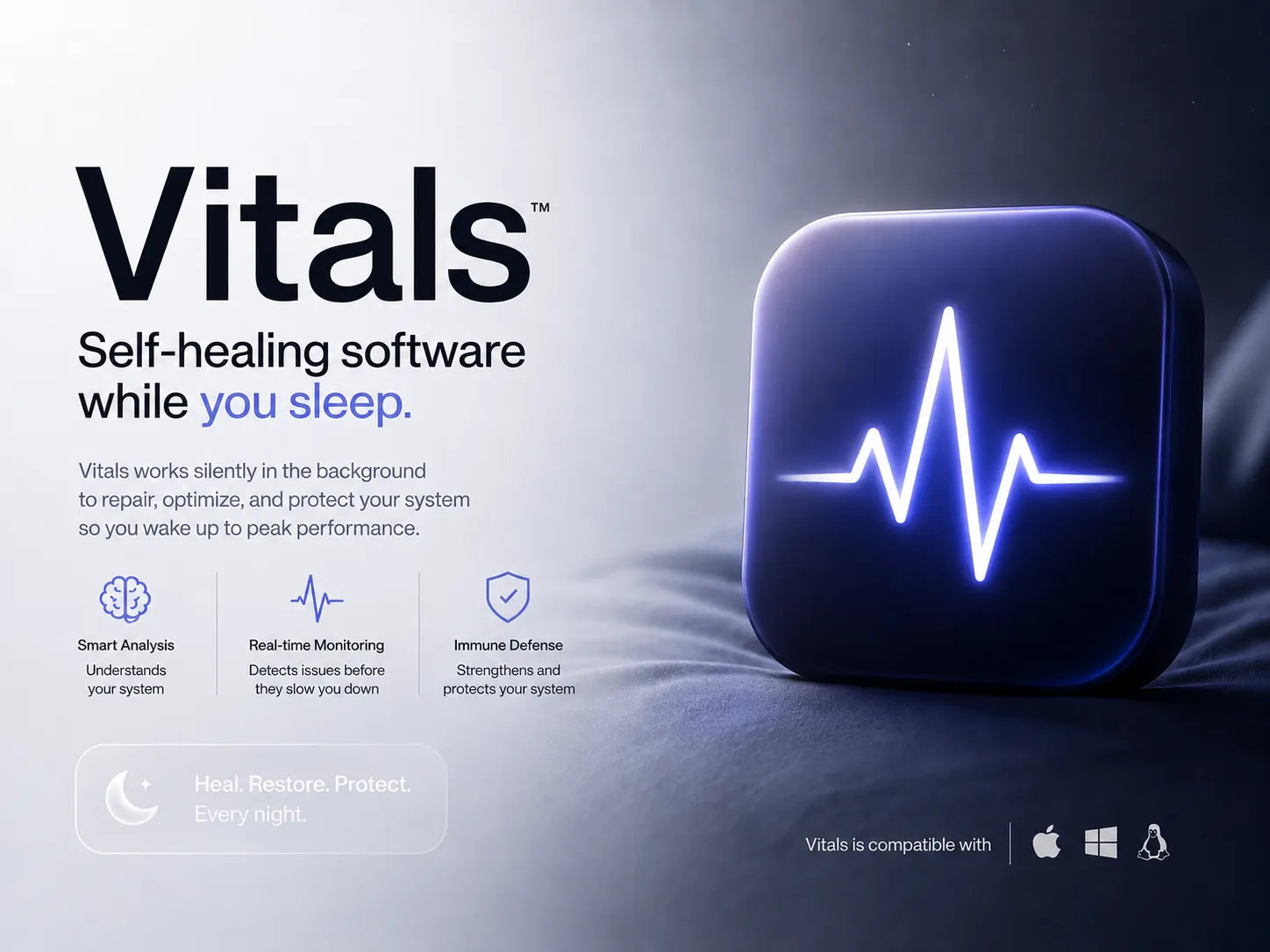 Vitals: self-healing software while you sleep — a product panel showing the app icon beside its smart analysis, real-time monitoring and immune defence features.